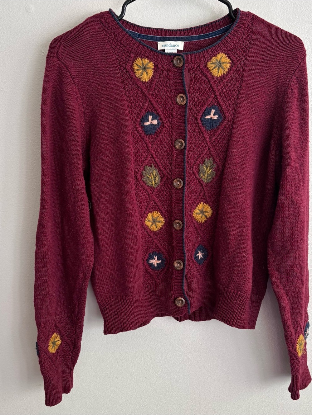 Sundance Burgundy Cardigan Sweater with Yellow & Navy Embroidery